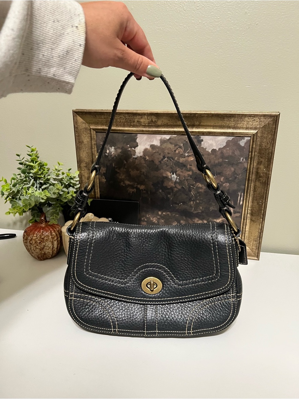 Vintage Coach Chelsea Black Pebbled Leather Shoulder Bag with Brass Turn-Lock